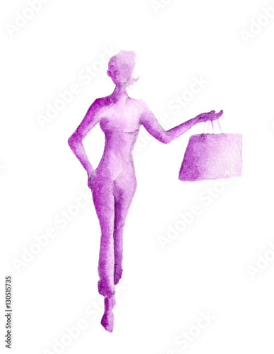 Watercolor shopping woman on white background. Elegant, young and slim woman in beautiful outfit with colorful shopping bags.