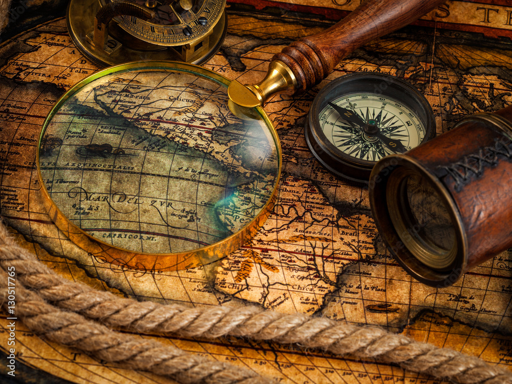 Travel Accessories Scroll Compass Chess Treasure Trove Of Antique Maps  Stock Photo - Download Image Now - iStock