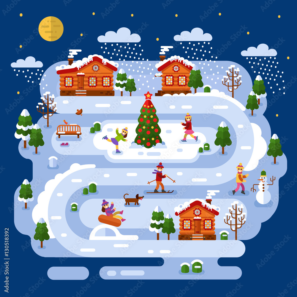 Flat design vector night winter landscape illustration with house, girls and boys skiing and ice skating, pond with xmas tree, snowman, road, bench, trees, snow, snowflakes. Happy Holidays concept.