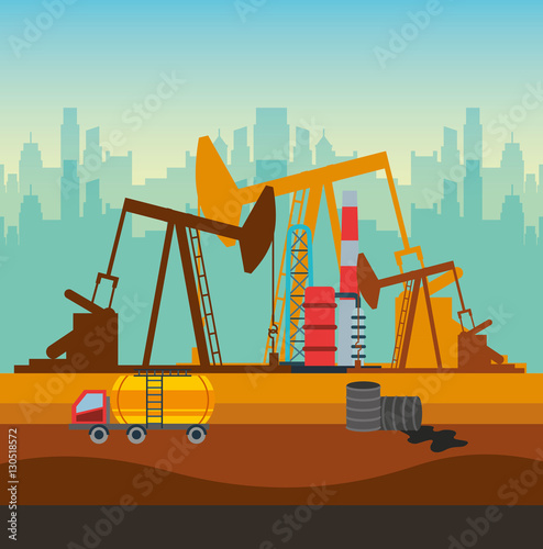 oil industry rig factory and tanker truck and barrels icon. colorful design. vector illustration