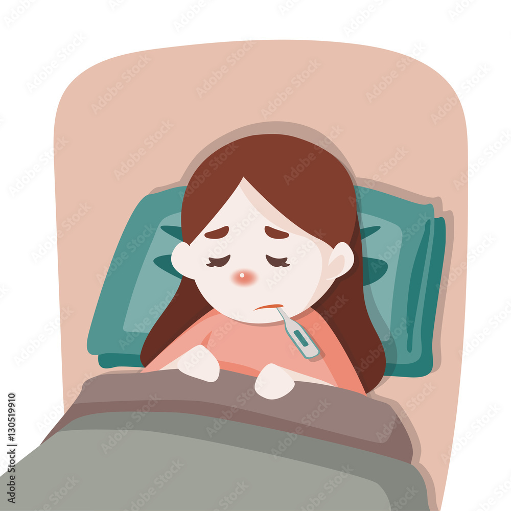 Sick child girl lying in bed with a thermometer in mouth and feel so bad  with fever, vector cartoon illustration