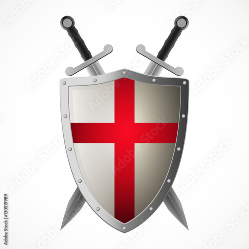Vector crusaders shield and crossed swords, isolated on white