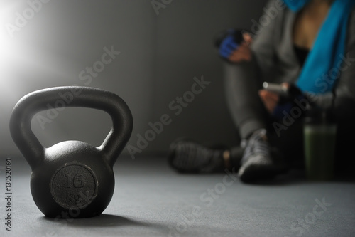 Close up of kettlebell weights on floor gym. Fitness and a healt