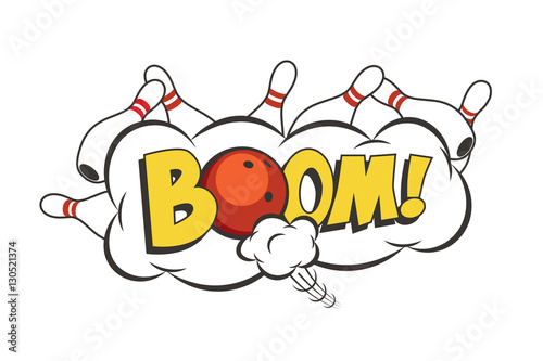 Vector cartoon bowling strike illustration. Moving red bowling ball and skittles.