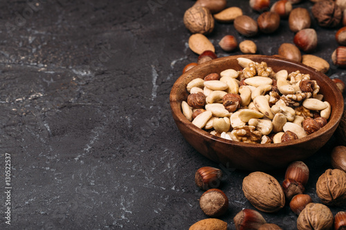 Background of mixed nuts - hazelnuts, walnuts, almonds - with copy space. 