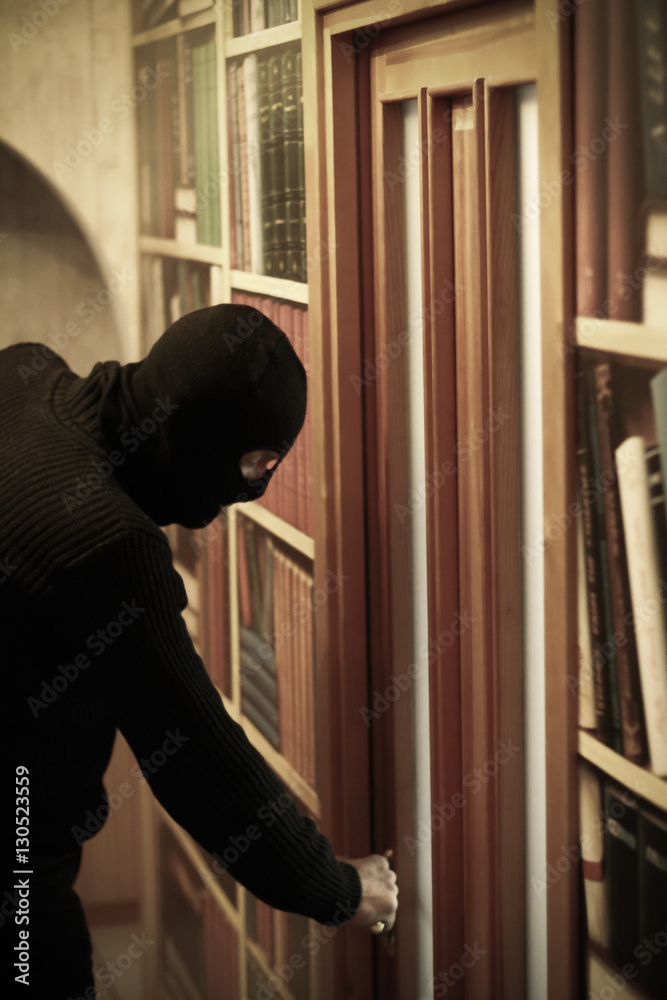Thief in mask wants to rob the House. He is resolute. Portrait of gangster. Thief in mask wants to rob the House. He is resolute. Portrait of gangster.