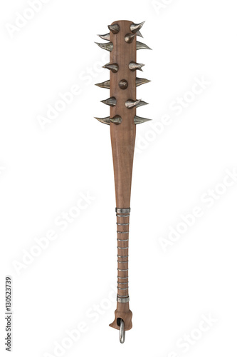 mace weapon of wood with metal spikes and wires on an isolated white background. 3d illustration
