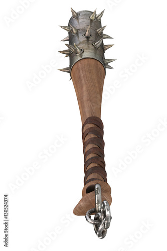mace weapon of wood with metal spikes and wires on an isolated white background. 3d illustration