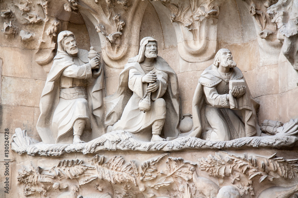 Sculpture extérieure sur la cathédrale Sagrada Familia, Barcelone, Espagne