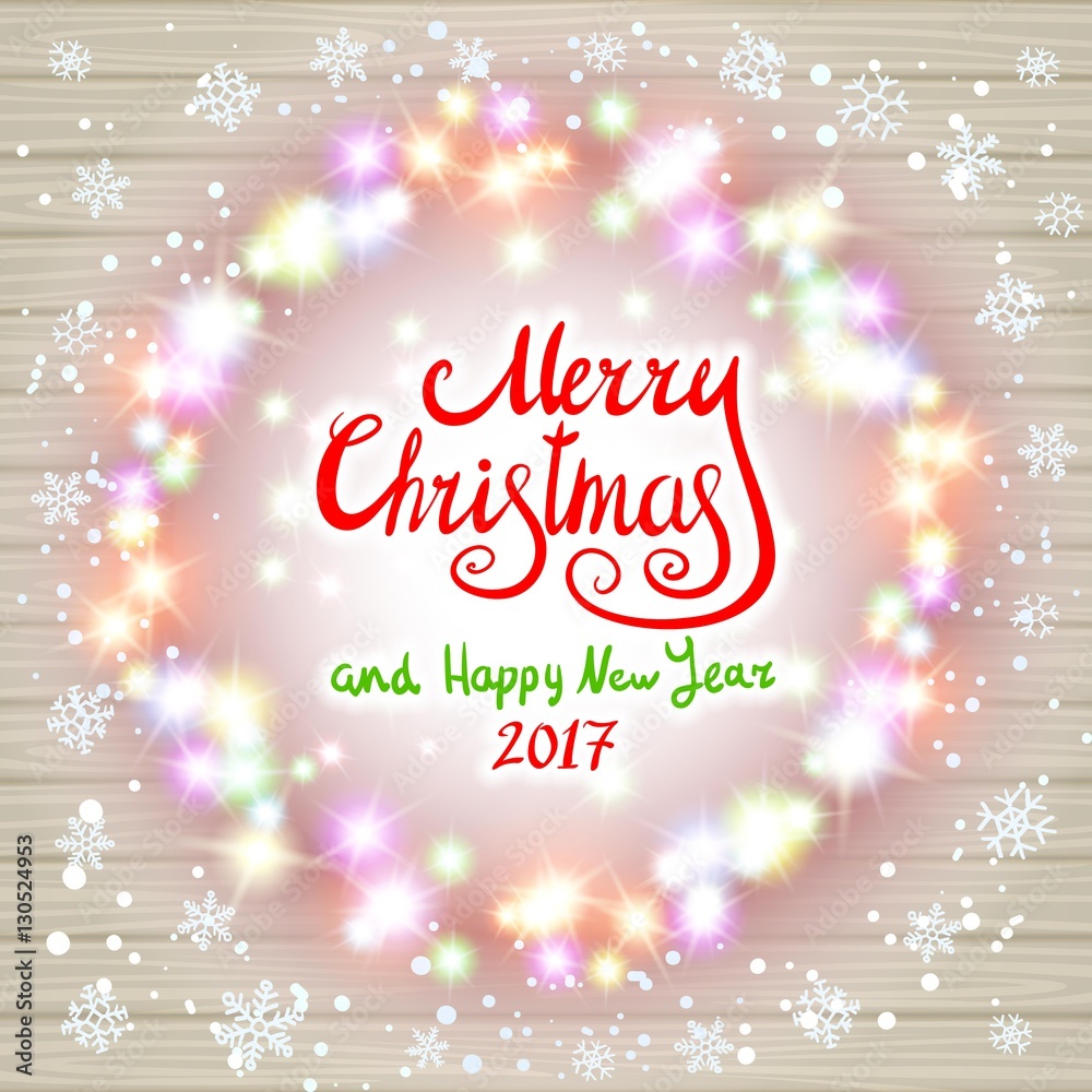 Merry christmas happy new year card design with festive xmas lights and colorful blur bokeh elements in the background. Ideal for holiday greetings, web, or poster. EPS10 vector.
