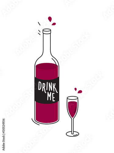 Bottle of red wine and wineglass. Doodle drawing. Vector
