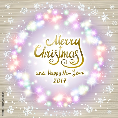 Merry christmas happy new year card design with festive xmas lights and colorful blur bokeh elements in the background. Ideal for holiday greetings  web  or poster. EPS10 vector.
