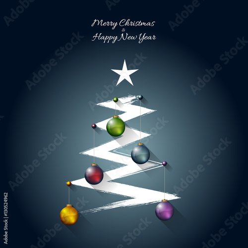 Christmas greeting card template with colorful christmas balls, abstract tree and snowflakes, flat shadow effect