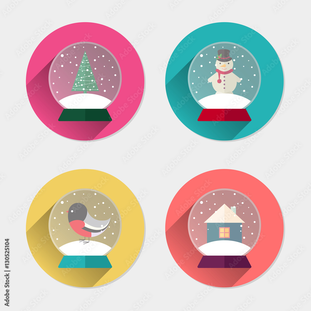 Icon set of Christmas snowball,  long shadow, flat design
