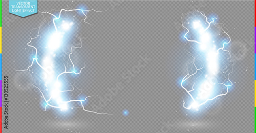 Abstract electric science frame. Shine border with energy lightning and spotlight. Light flare and spark effect. Fiction vector blue bracket on transparent. Glow quote space for message or logo