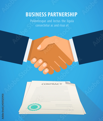 Handshake business on background of contract flat design vector illustration.