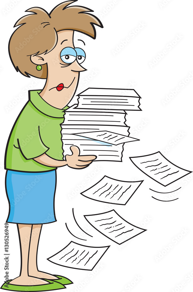 Cartoon illustration of a lady with an armful of papers. Cartoon illustration of a lady with an armful of papers.