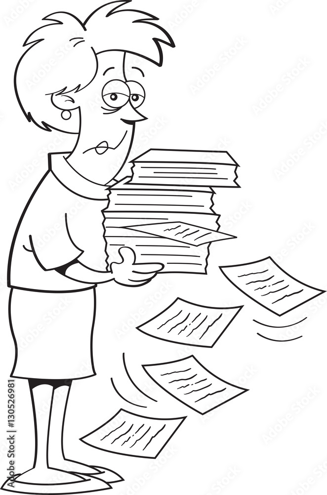 Black and white illustration of a lady with an armful of papers.