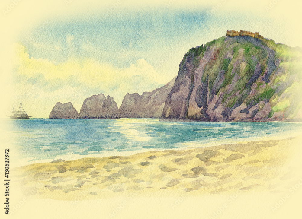 Fototapeta premium Seascape, ship off the rocky coast. Watercolor painting