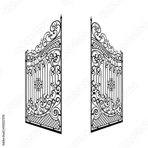 Fényképezés Isolated Decorated Steel Open Gates Illustration. Black and White