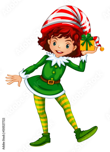 Girl dressed up in elf outfit holding present box