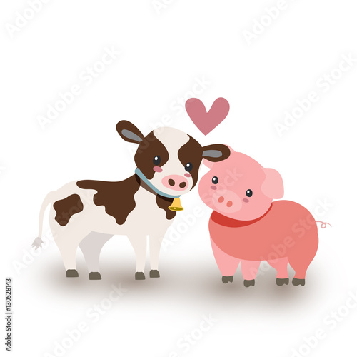 A Cow and a Pig In Love on White Background