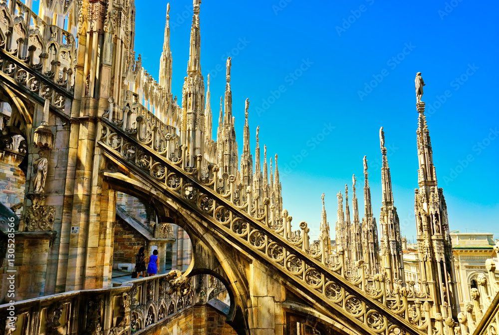 View of the rooftop of the Milan Cathedral in a sunny day in Milan.