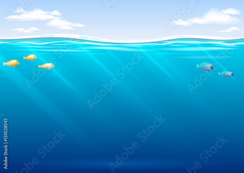 Underwater background with tropical fish and sky in vector graphics. Blue waves and transparent rays