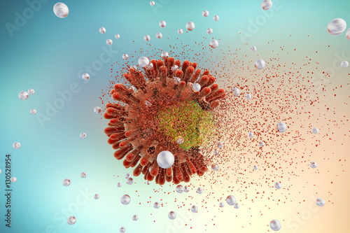 Картината върху платно Destruction of Human Immunodeficiency Virus HIV , AIDs virus by silver nanoparticles, 3D illustration