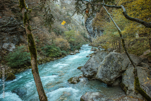 Mountain river in forest and mountain terrain photo