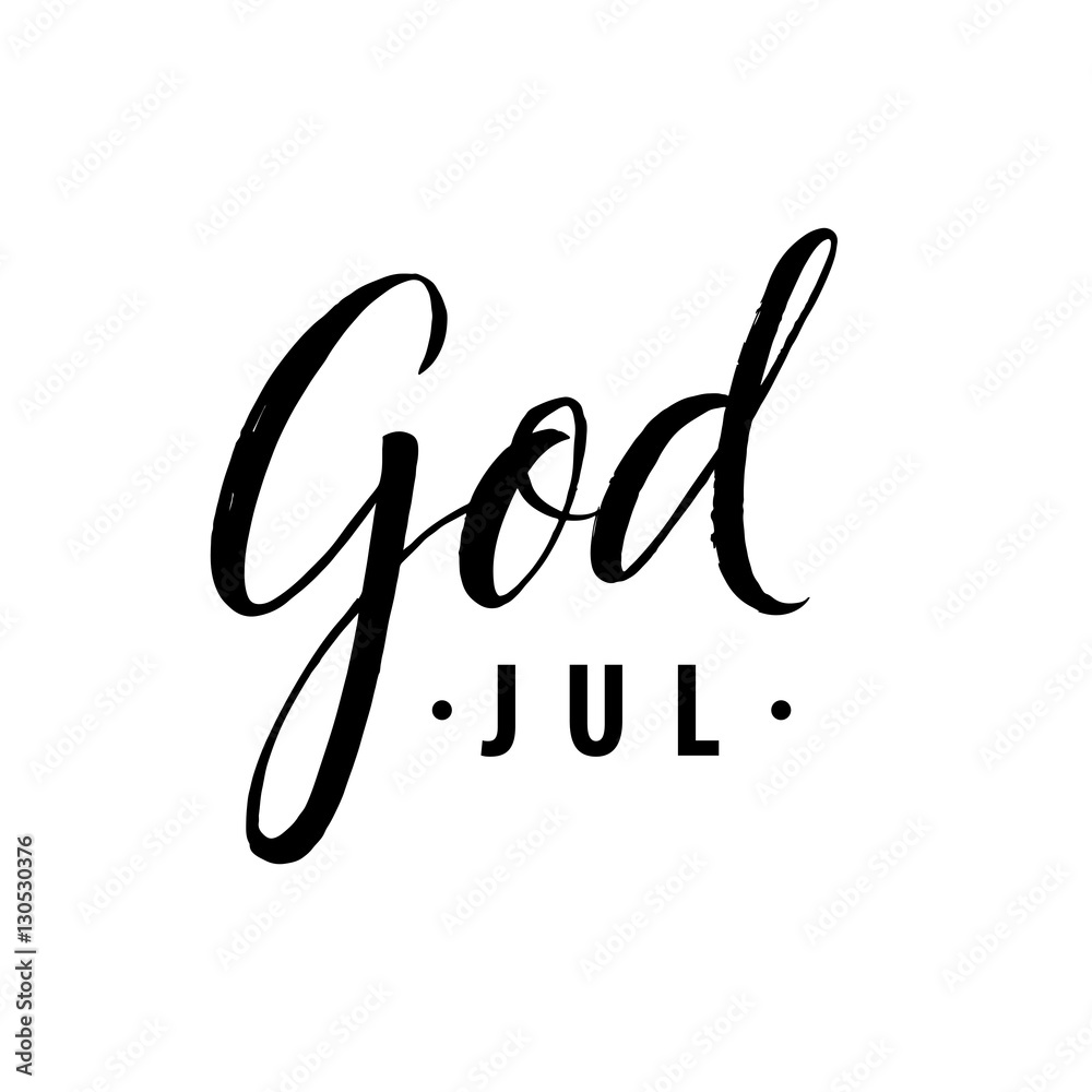 God Jul. Merry Christmas Calligraphy Template in Swedish. Greeting Card Black Typography on