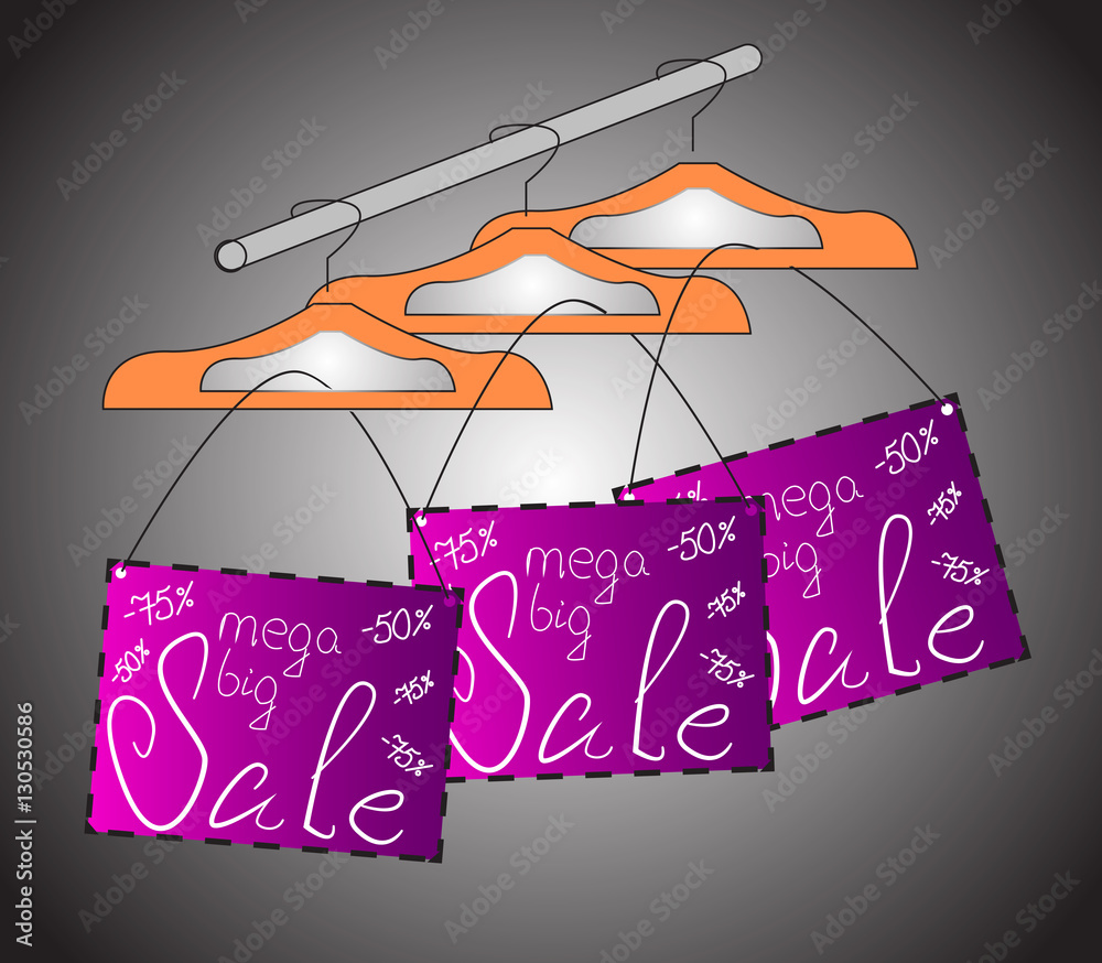 clothes hangers on a rack with a sign of the sale and discount, vector ...