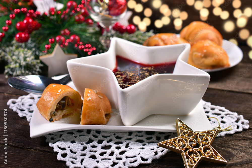 red borscht and mushroom pastries for christmas eve - obrazy, fototapety, plakaty 