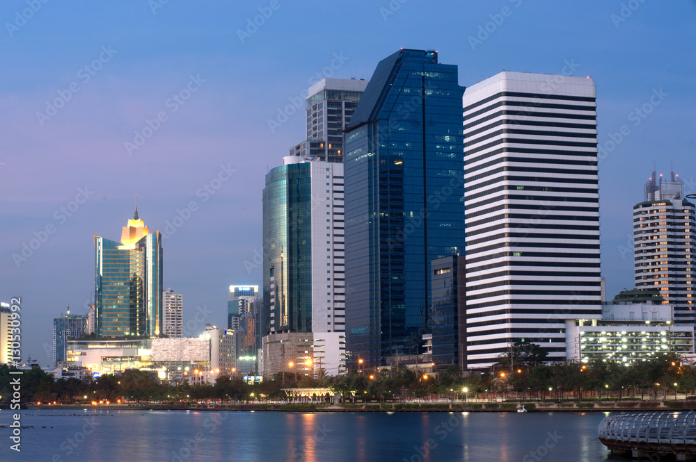 View of Building Skyline taken from Benjakiti Park in Bangkok.