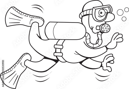 Black and white illustration of a scuba diver. 