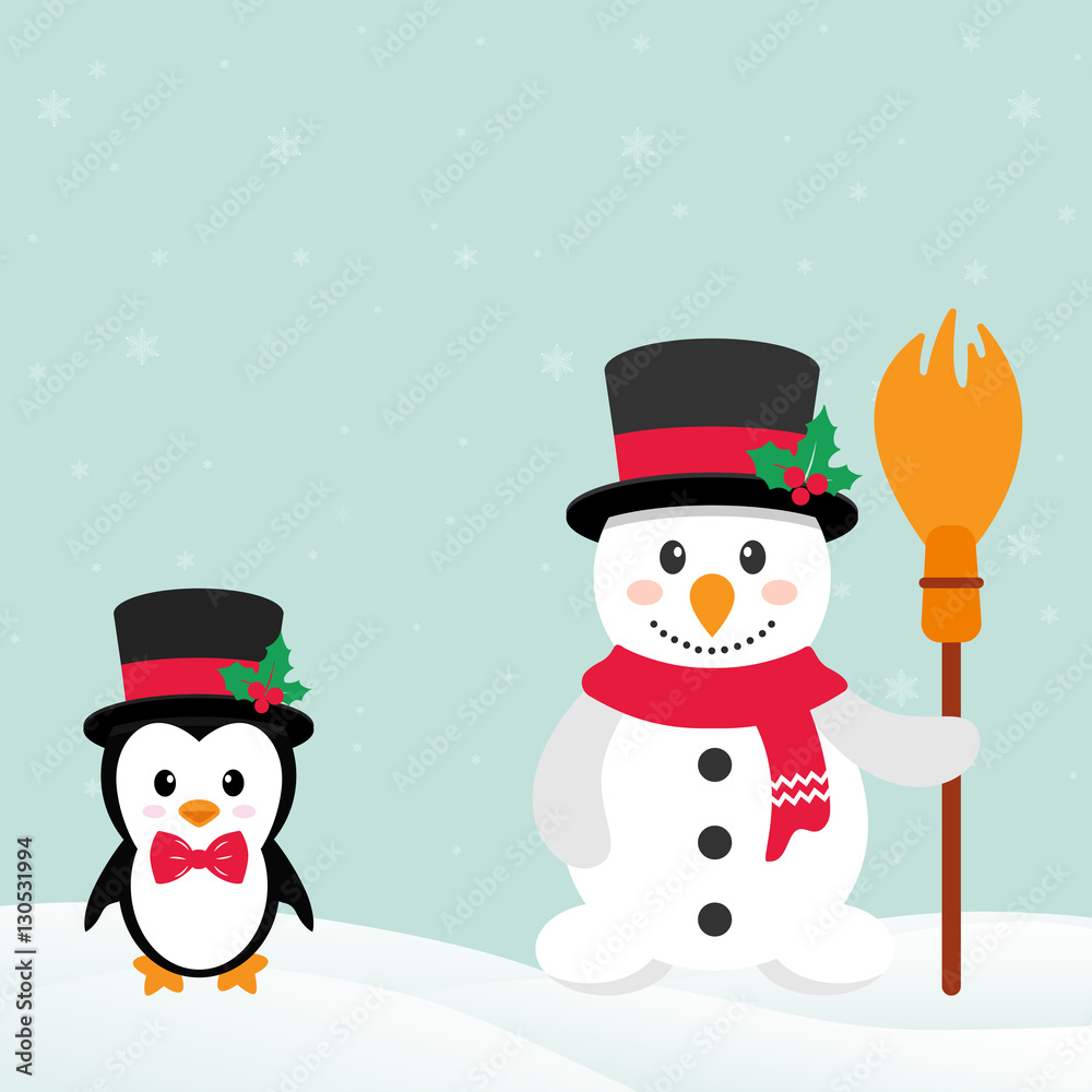 cute penguin with snow and snowman with broom