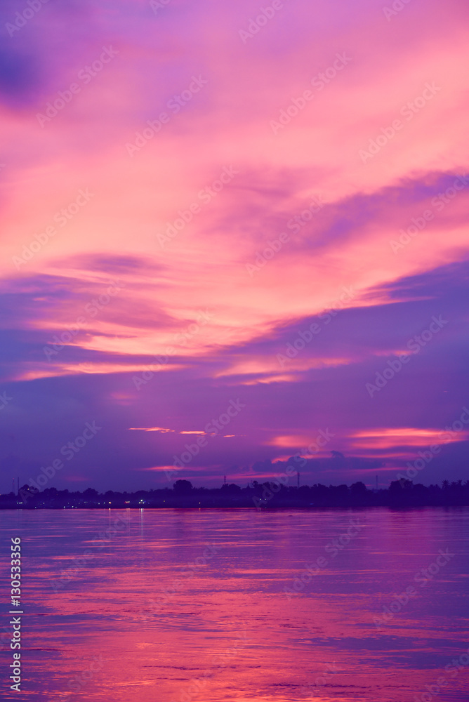 Purple Sunset Blazing Over the Mekong River in Nong Khai, Thailand