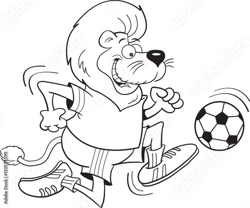 Black and white illustration of a lion playing soccer.