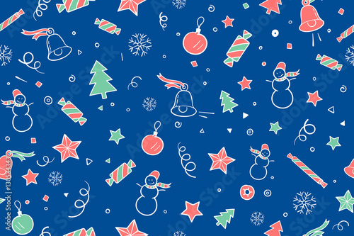 Seamless pattern for Christmas and Happy New Year theme. Classic hand-drawn elements on blue night background. Pattern for packing, christmas paper, wallpaper, background. Vector Illustration