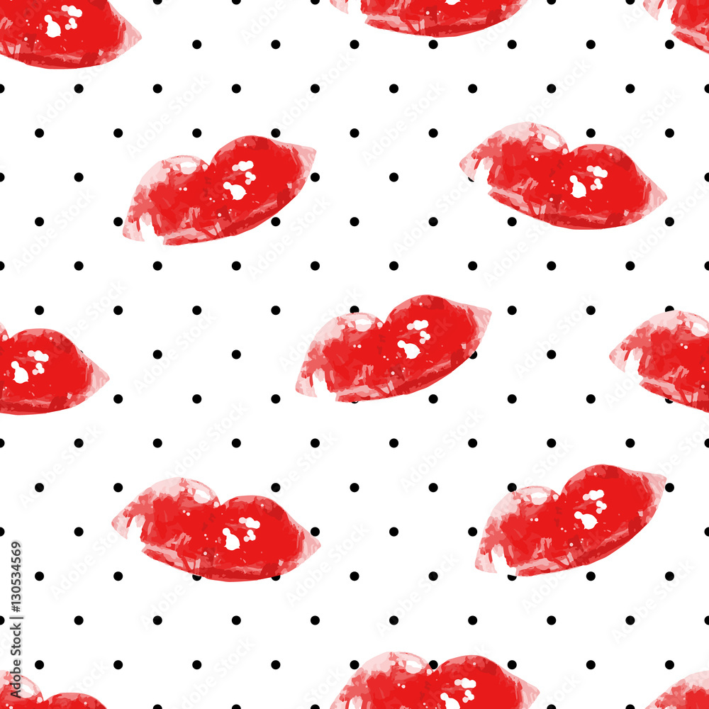 Fototapeta premium Seamless pattern in polka dot with red lips on white background. Valentines day ornament for textile and wrapping.