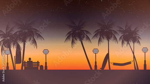 Beach Sunset Walkway with Man Sitting in the Foreground and Palm