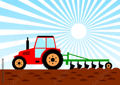 Agricultural work, red tractor on field