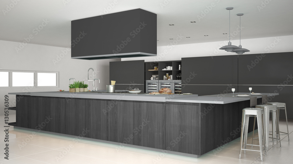 Minimalistic gray kitchen with wooden and gray details, minimal