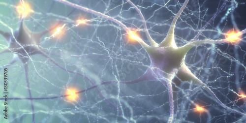 3D illustration of Interconnected neurons with electrical pulses. photo