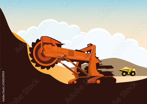 Bucket wheel excavator and truck  in a quarry