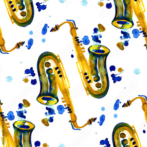 Canvas Print Watercolor copper brass band saxophone seamless pattern on white background