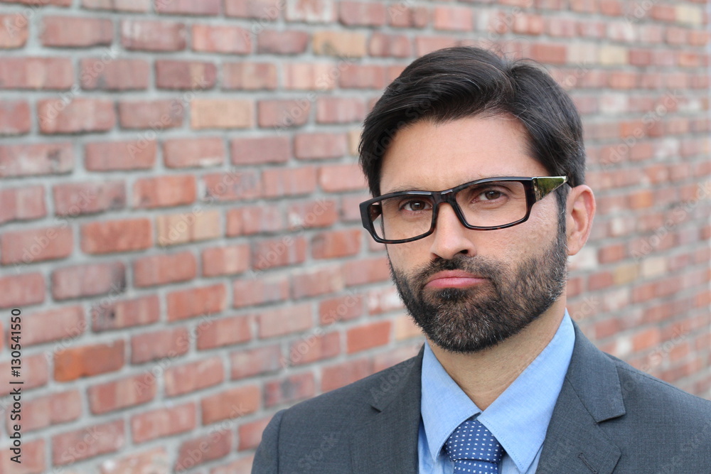 Funny businessman putting pouts with copy space Funny businessman putting pouts with copy space