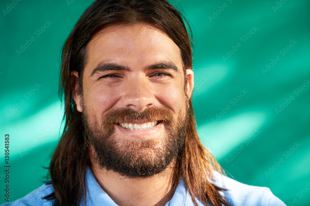 Fototapeta premium Happy People Portrait Young Latino Man With Beard Smiling