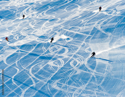 traces of the skis on the snow, traces of snowboarding on the snow-covered slope.Finland.Levi