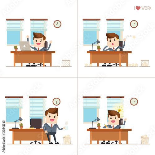 set of cartoon businessman enjoyable workday in a workplace in various activity. manager taking breaks to get more ideas